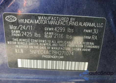 2011 Hyundai Sonata Se z USA, uszkodzony, nr VIN 5NPEC4AC7BH271074